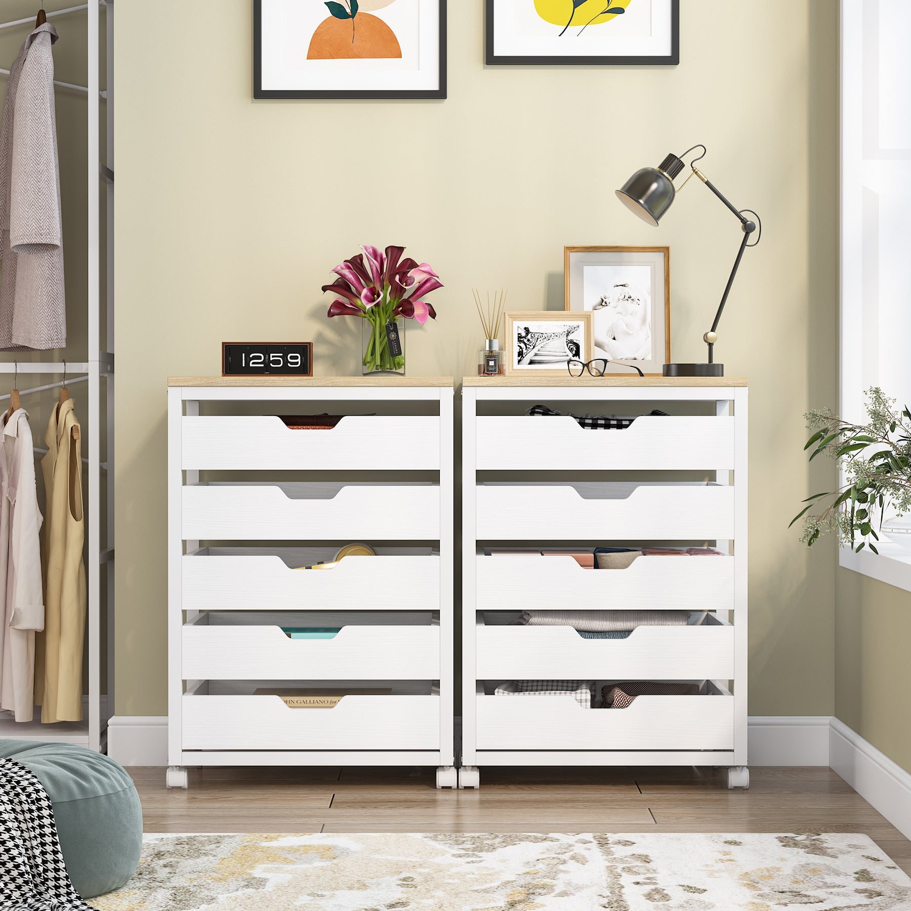 5/7 Drawer Chest, Wood Storage Dresser Cabinet with Wheels Tribesigns